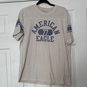 American Eagle Outfitters Beige Short-Sleeve Tee with Blue Graphic